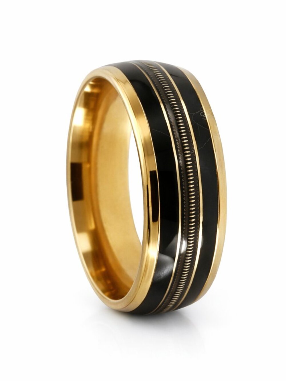Size 11 Gold Stainless Steel 8mm Wedding Band – Black, Guitar String Inlay